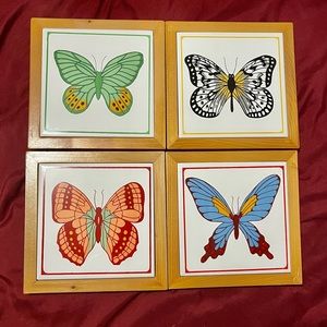 Vintage ORIENT Ceramic Tile Trivet Wood Framed Lot of 4